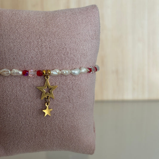 Bracelet élastiqueNairobi – Perles rouges & roses, étoiles dorées