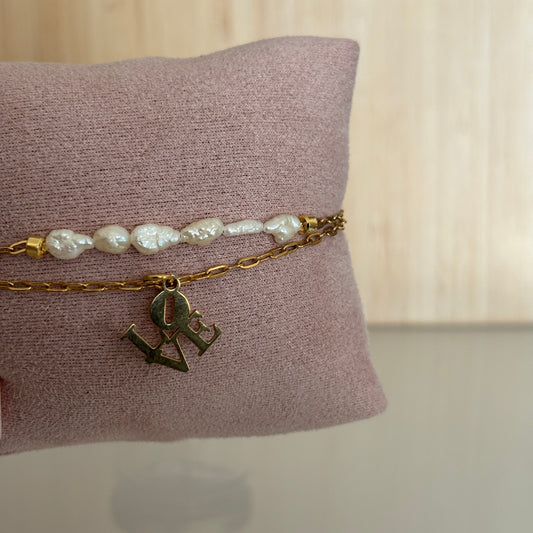 Bracelet Natal – Double rang acier inoxydable & perles de culture LOVE