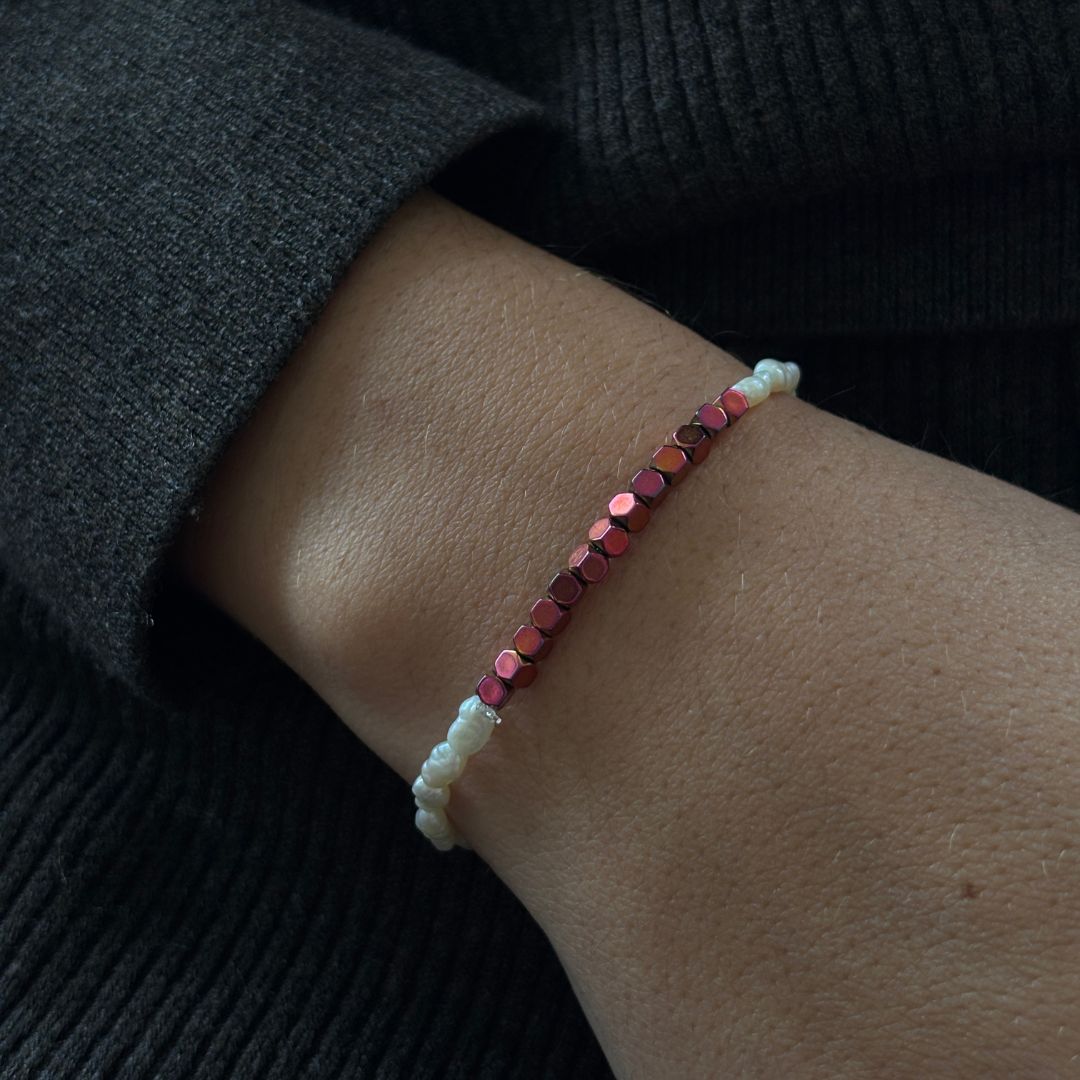 Bracelet Élastique San Marino - Perles Carrées Mat Rouge