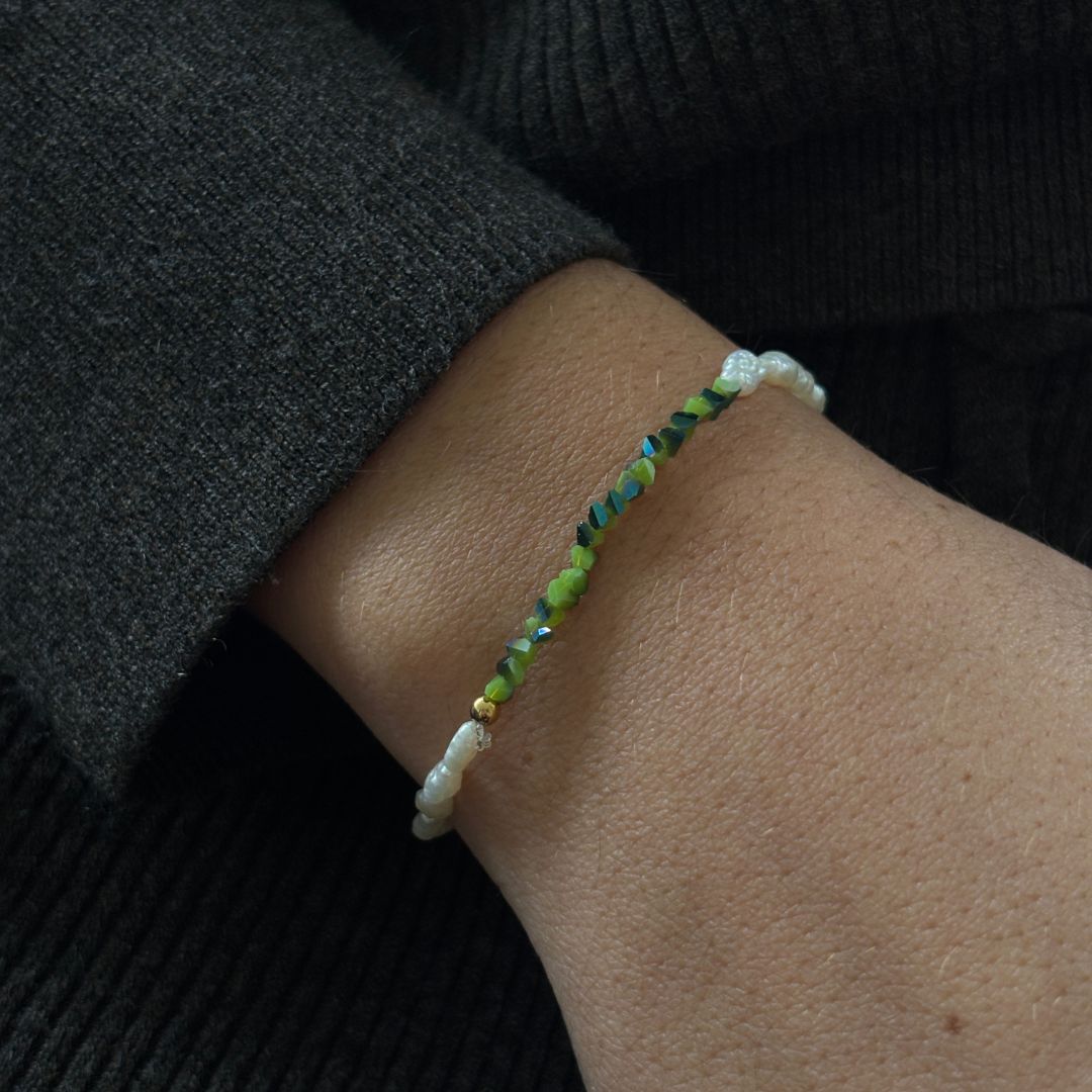 Bracelet Élastique Tallinn Asymétrique Vert - Perles de Culture et de verre