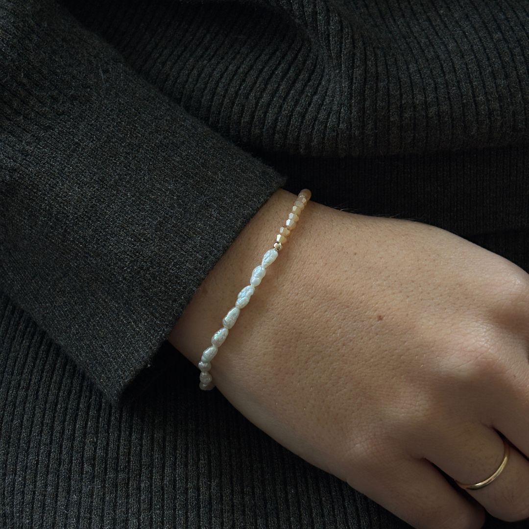 Bracelet Élastique Riga - Perles de Culture & Verre Beige