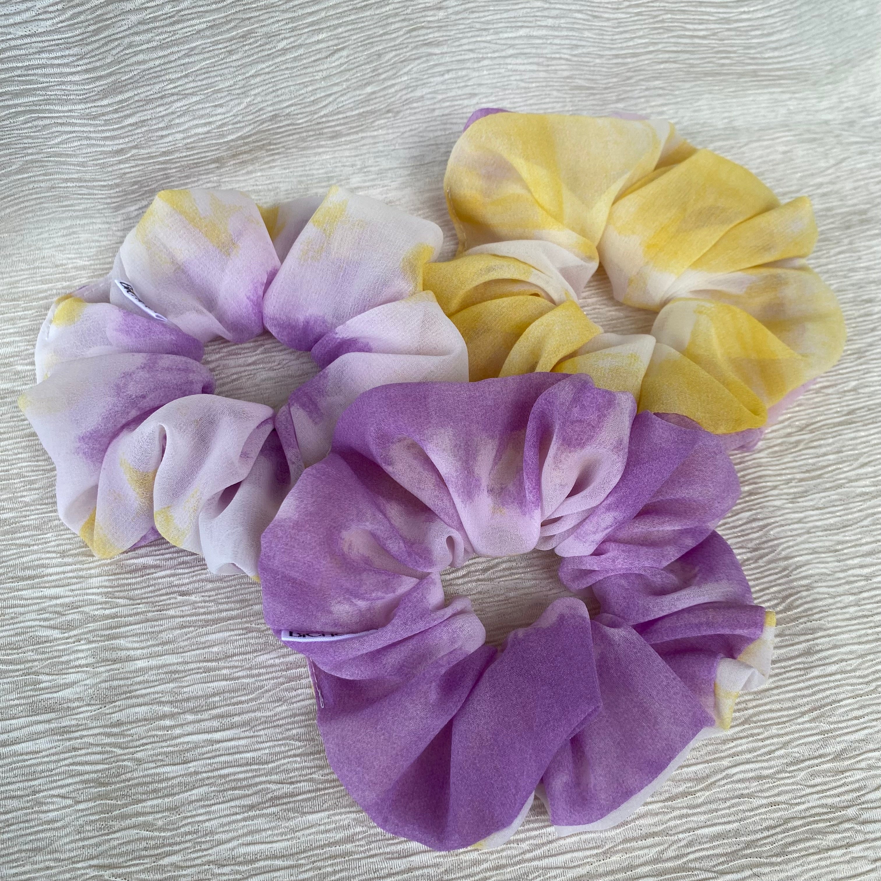 Chouchou en mousseline violet et jaune - Gaïa