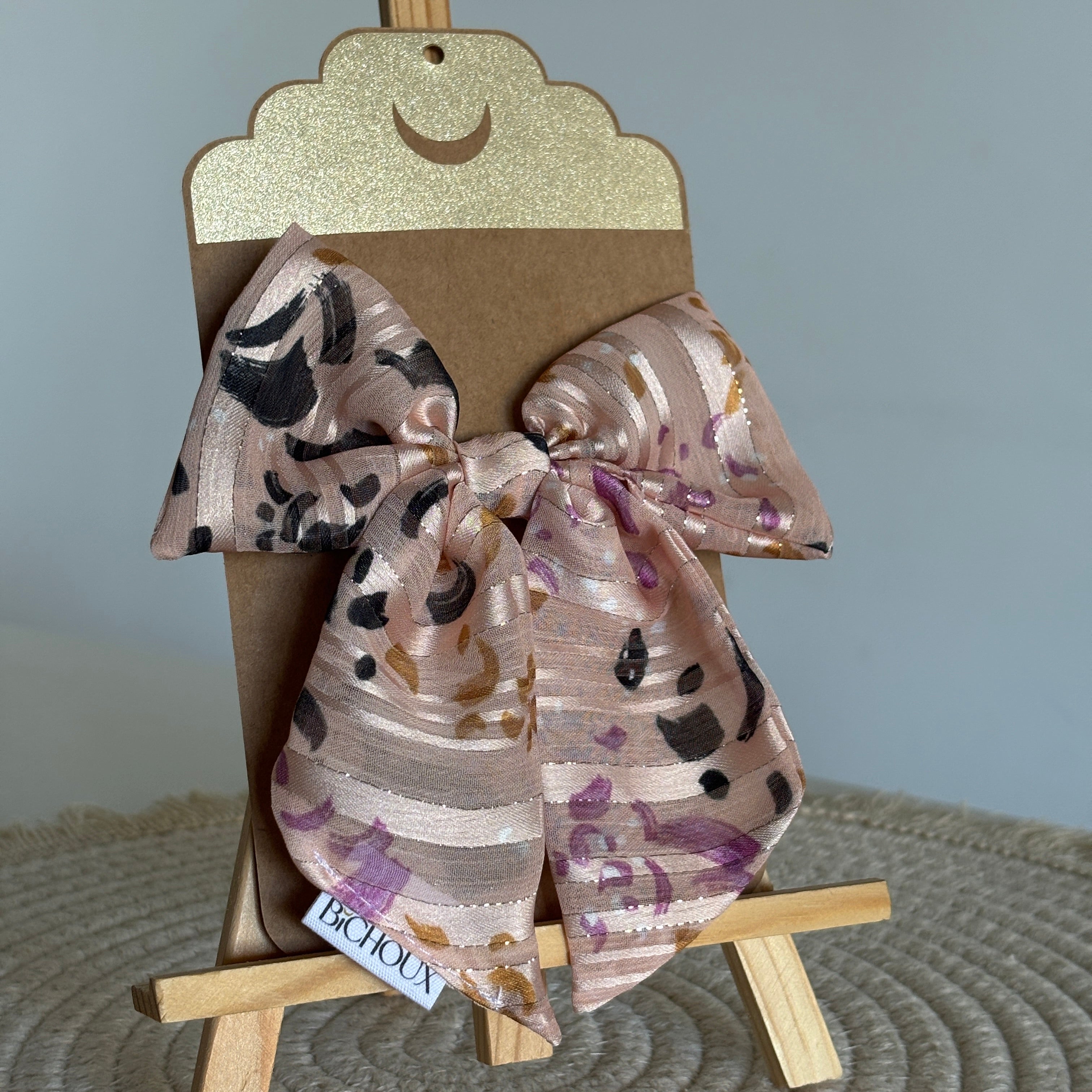 Barrette nœud Bianca - Mousseline rose & lurex