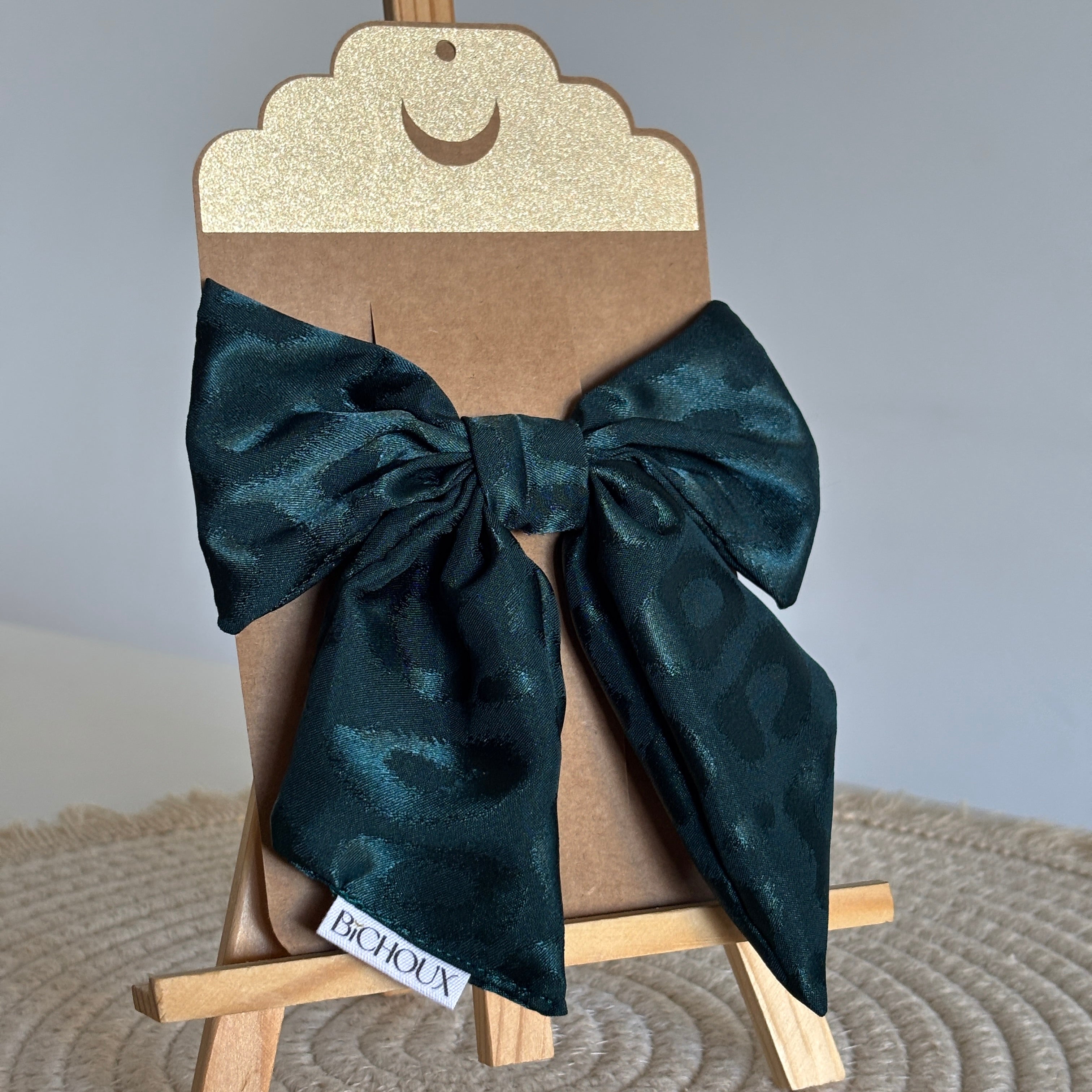 Barrette nœud Giulia - Satin vert profond & léopard