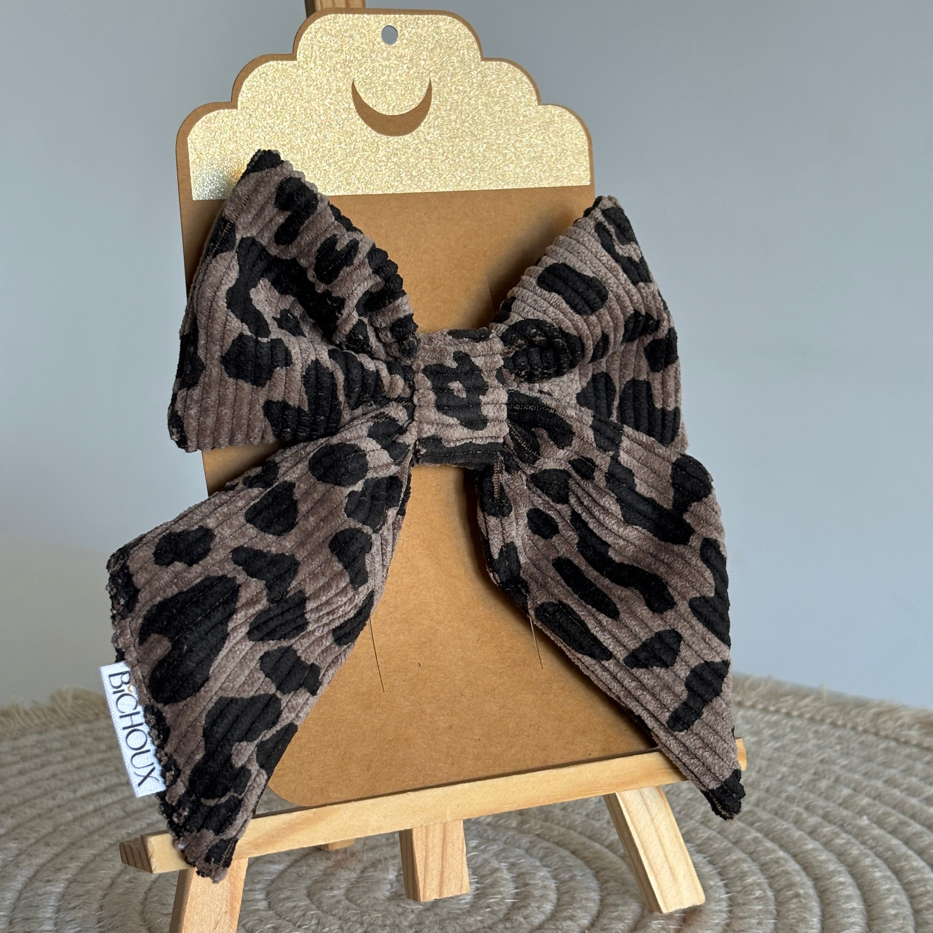 Barrette nœud Léonie - Velours côtelé marron & léopard