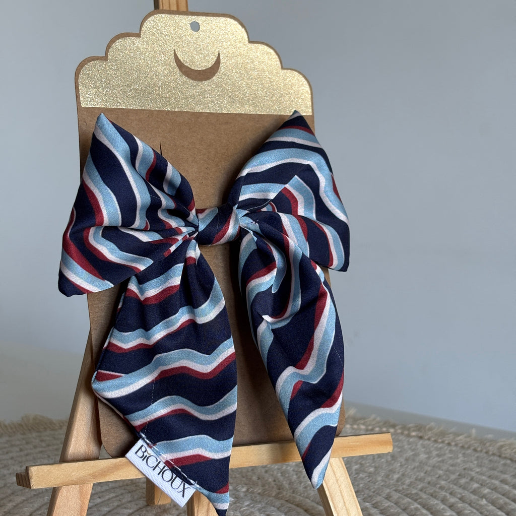 Barrette nœud Valentina - Satin multicolore bleu, rouge & blanc