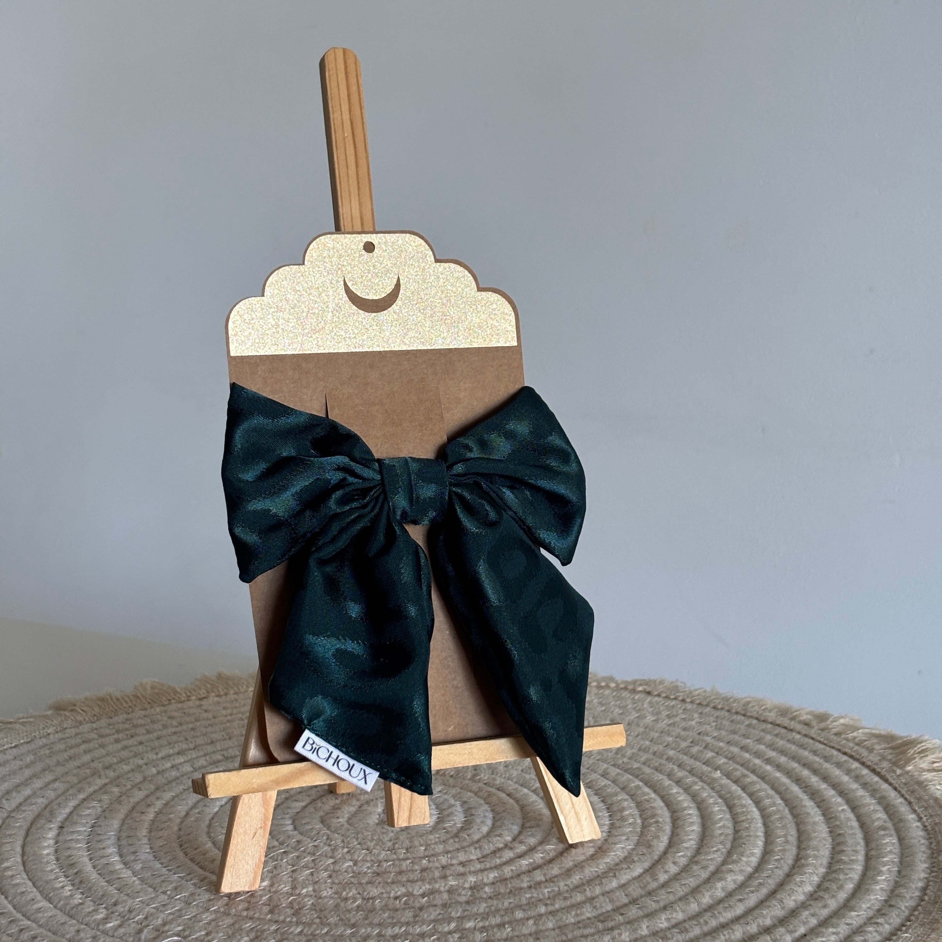 Barrette nœud Giulia - Satin vert profond & léopard