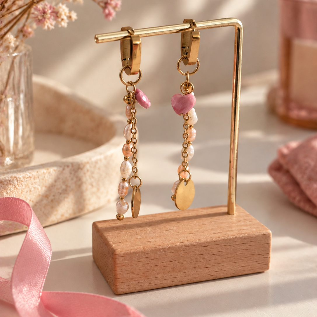 Boucles d'oreilles Rosalune - Cœurs roses & perles