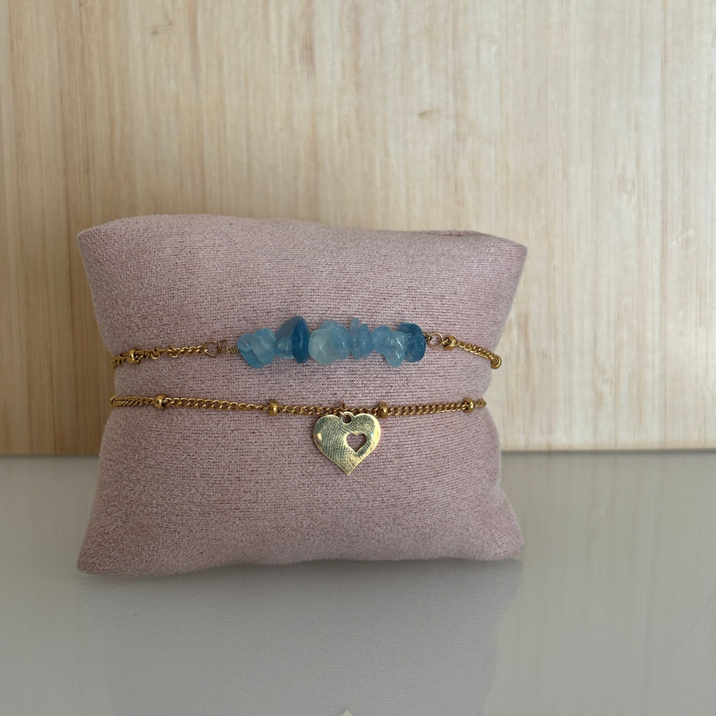 Bracelet Amalfi – Double rang aigue-marine & pendentif cœur