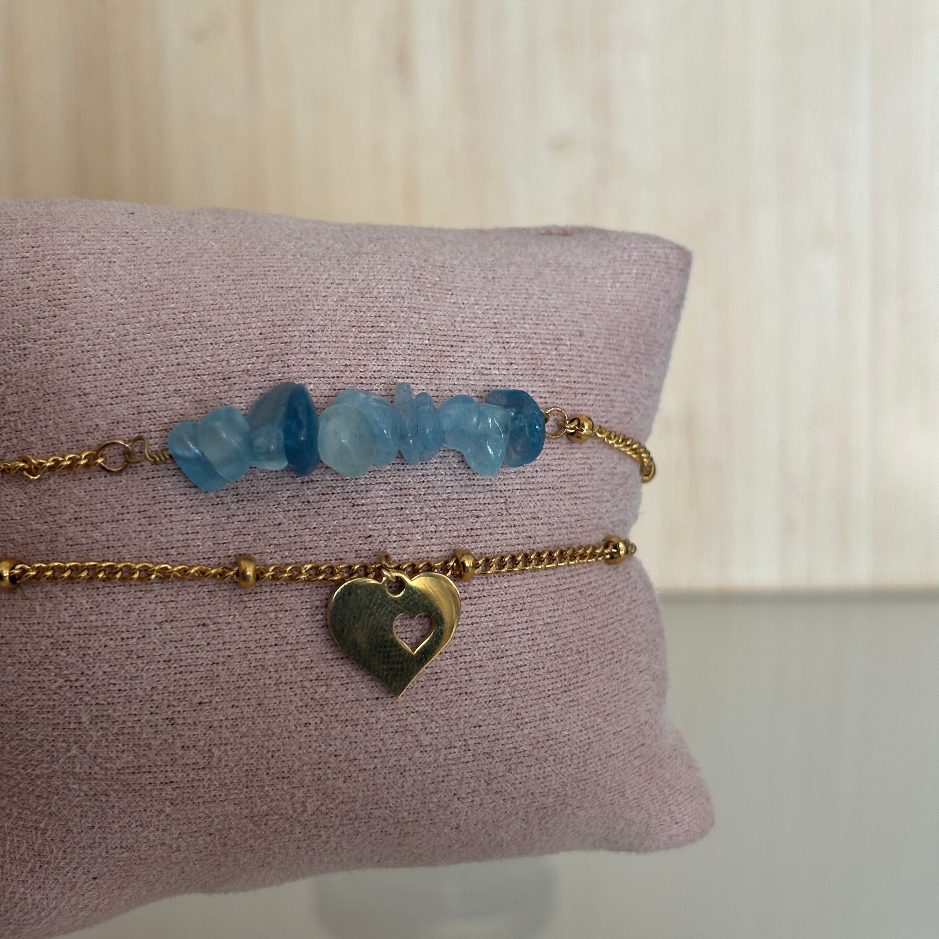 Bracelet Amalfi – Double rang aigue-marine & pendentif cœur