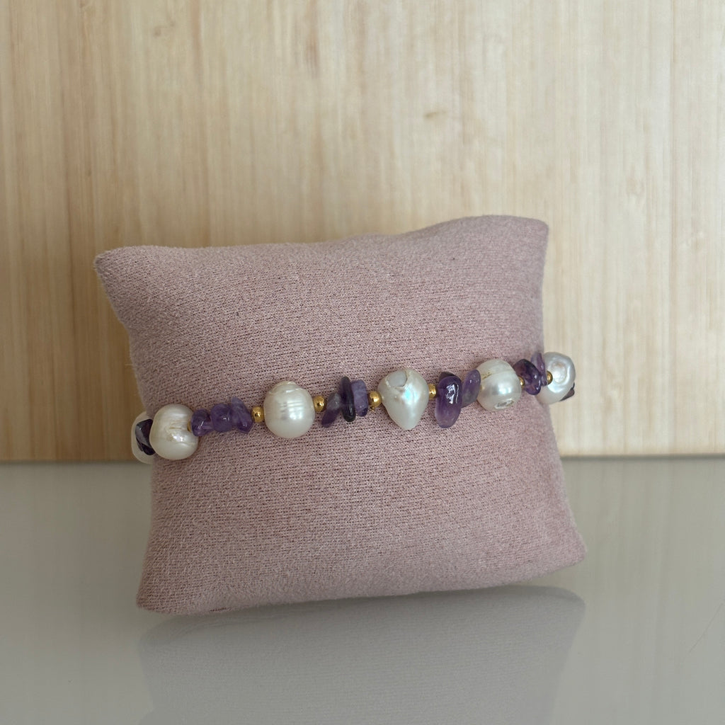 Bracelet Cuenca - Perles de culture, acier doré & améthyste violette