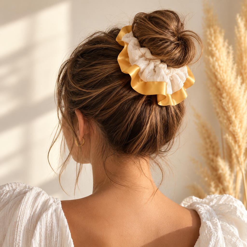 Chouchou cheveux fait main blanc liseret jaune - Sidonie