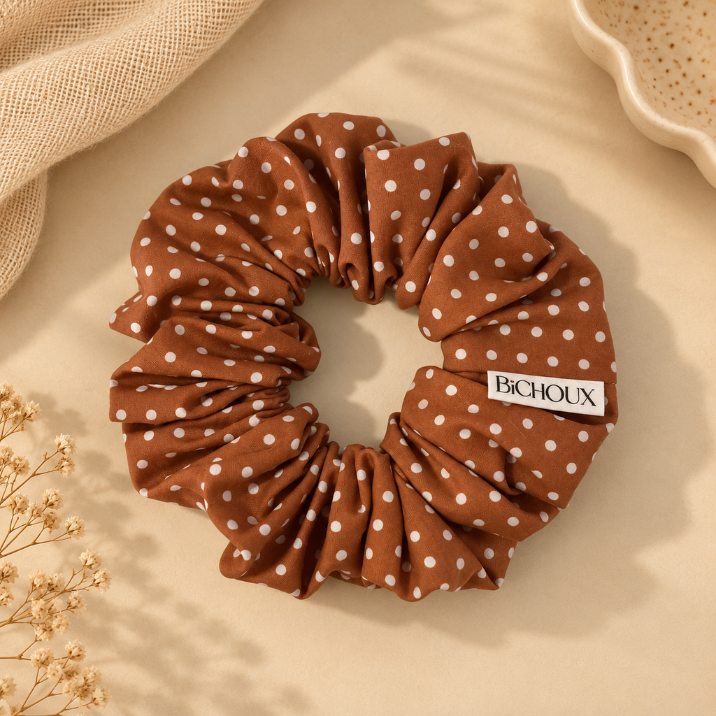 Chouchou Madeleine - Coton marron clair à pois blancs