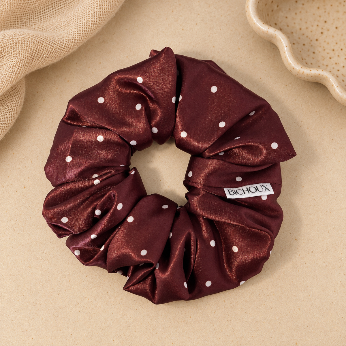 Chouchou Suzette - Satin bordeaux à pois blancs