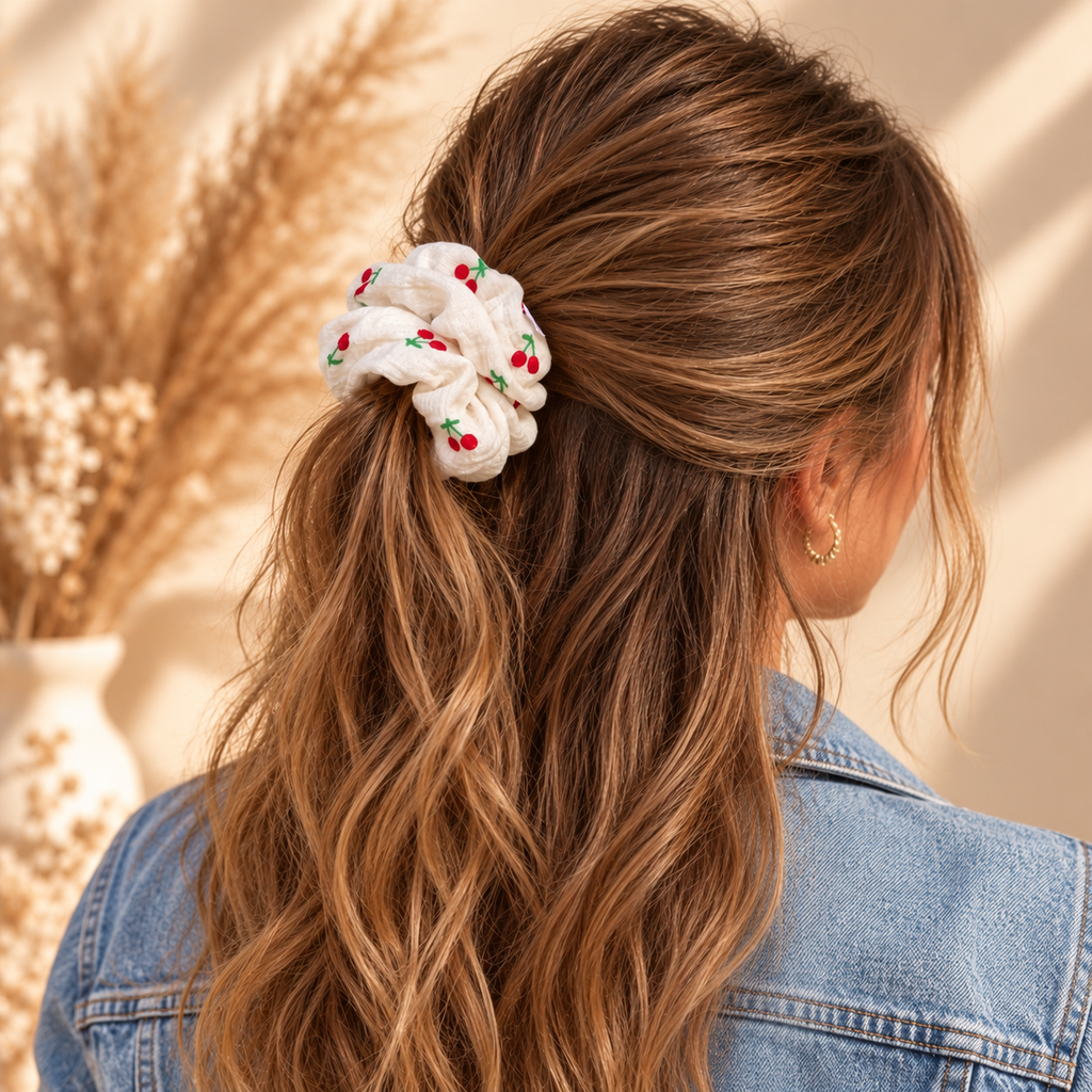 Chouchou cheveux fait main en gaze blanche cerises - Aurélie