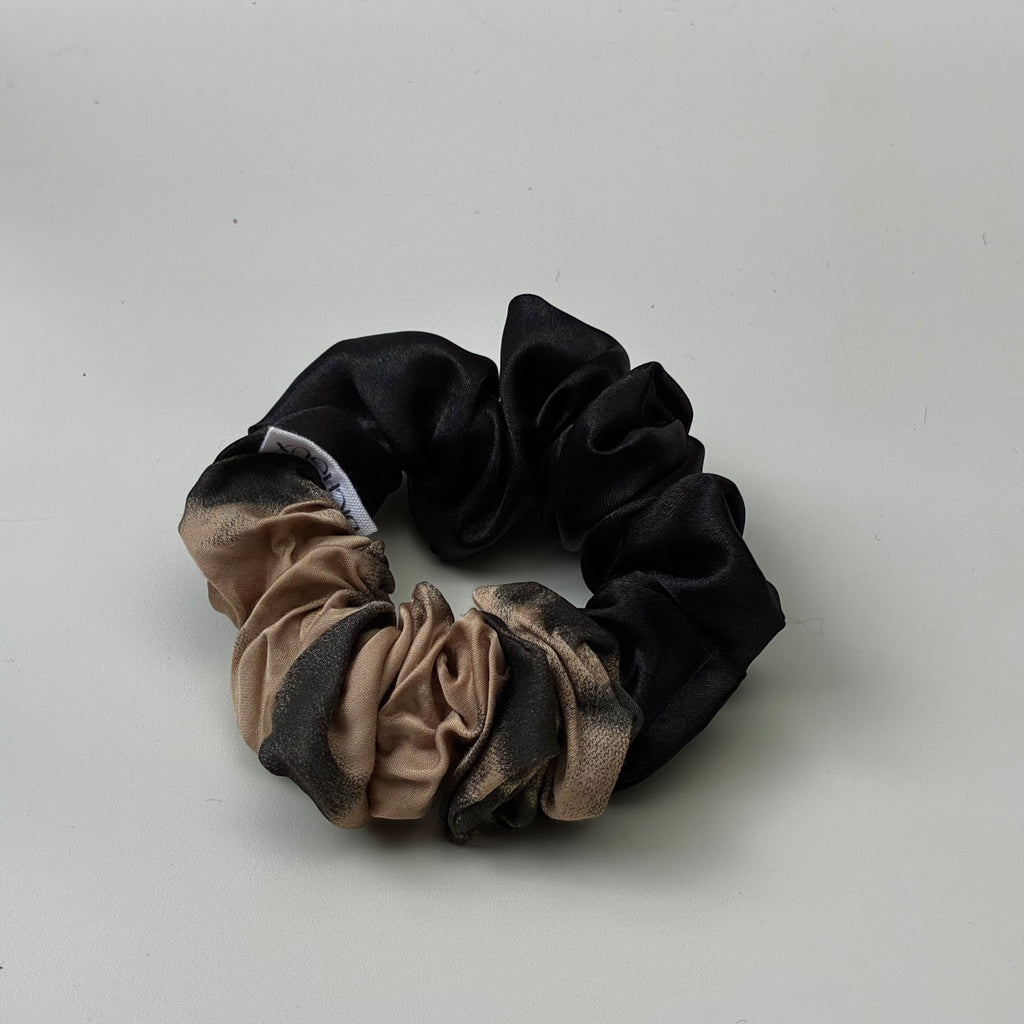 Chouchou cheveux fait main bi matière soie noire et marron - Faustine