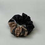 Chouchou cheveux fait main bi matière soie noire et marron - Faustine