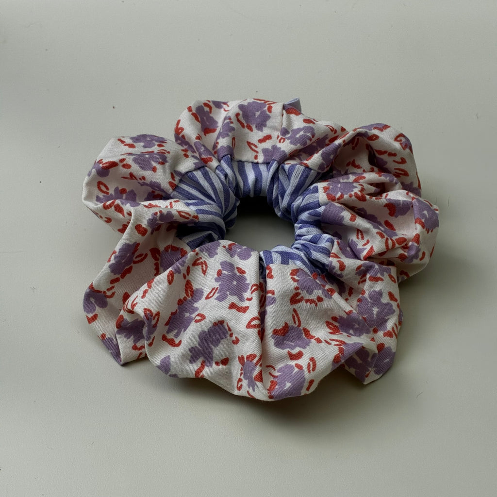 Chouchou cheveux fait main bi motif violet (fleurs et rayures) - Agathe