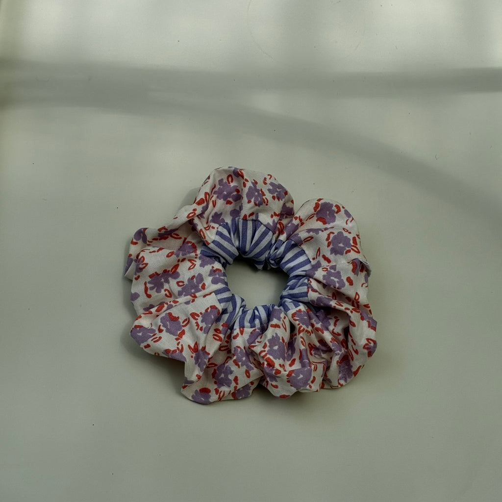 Chouchou cheveux fait main bi motif violet (fleurs et rayures) - Agathe