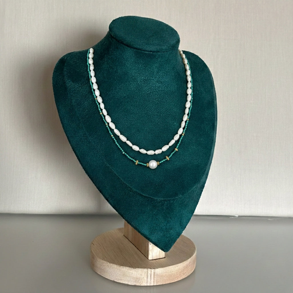 Collier Cadaqués – Double rang perles d’eau douce & turquoise