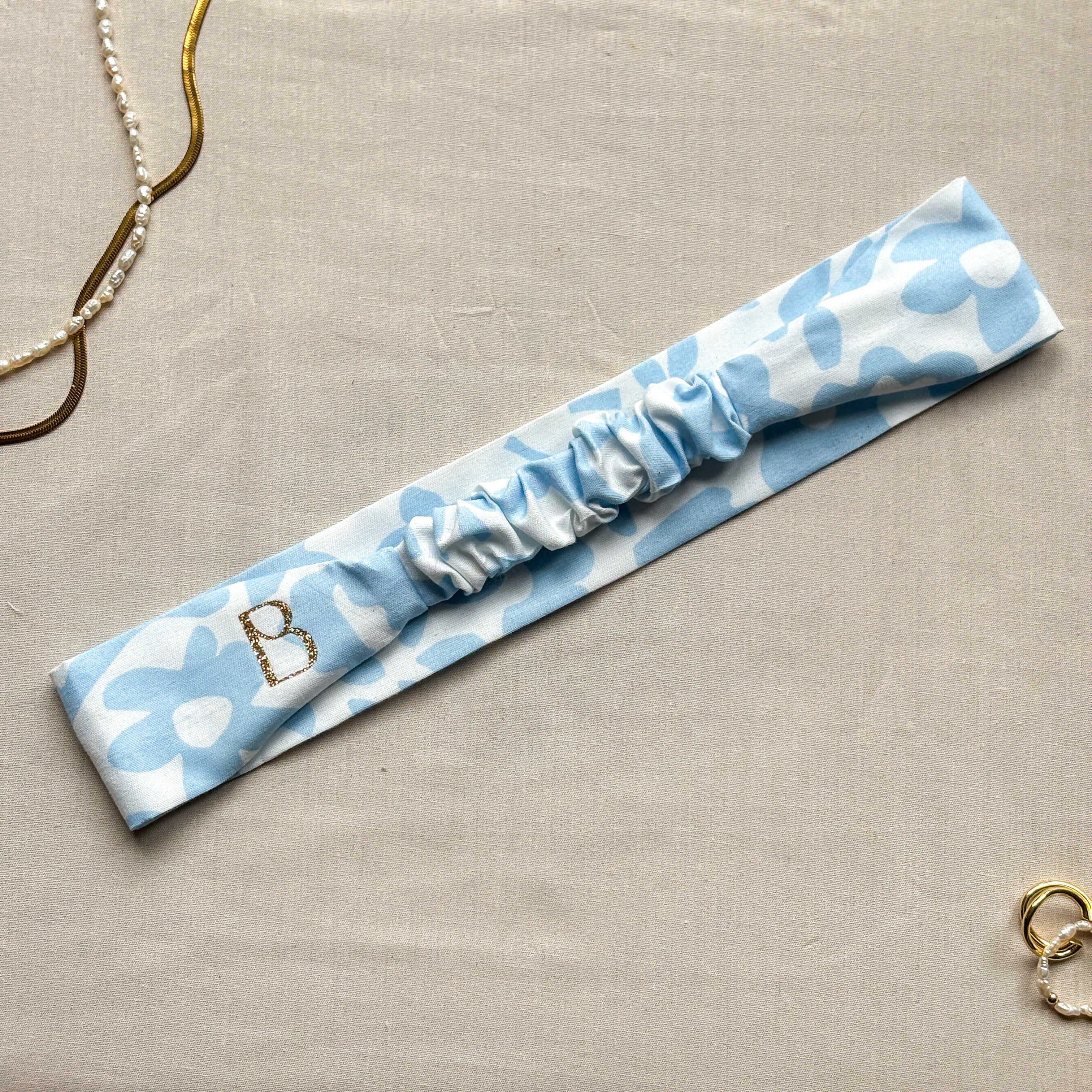 Bandeau Léna - Coton blanc à fleurs bleu ciel cousu main