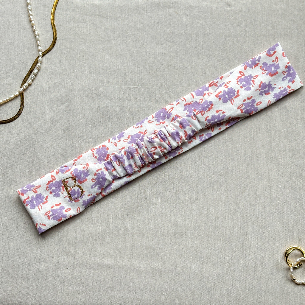 Bandeau Anaïs - Coton blanc fleurs violettes cousu main