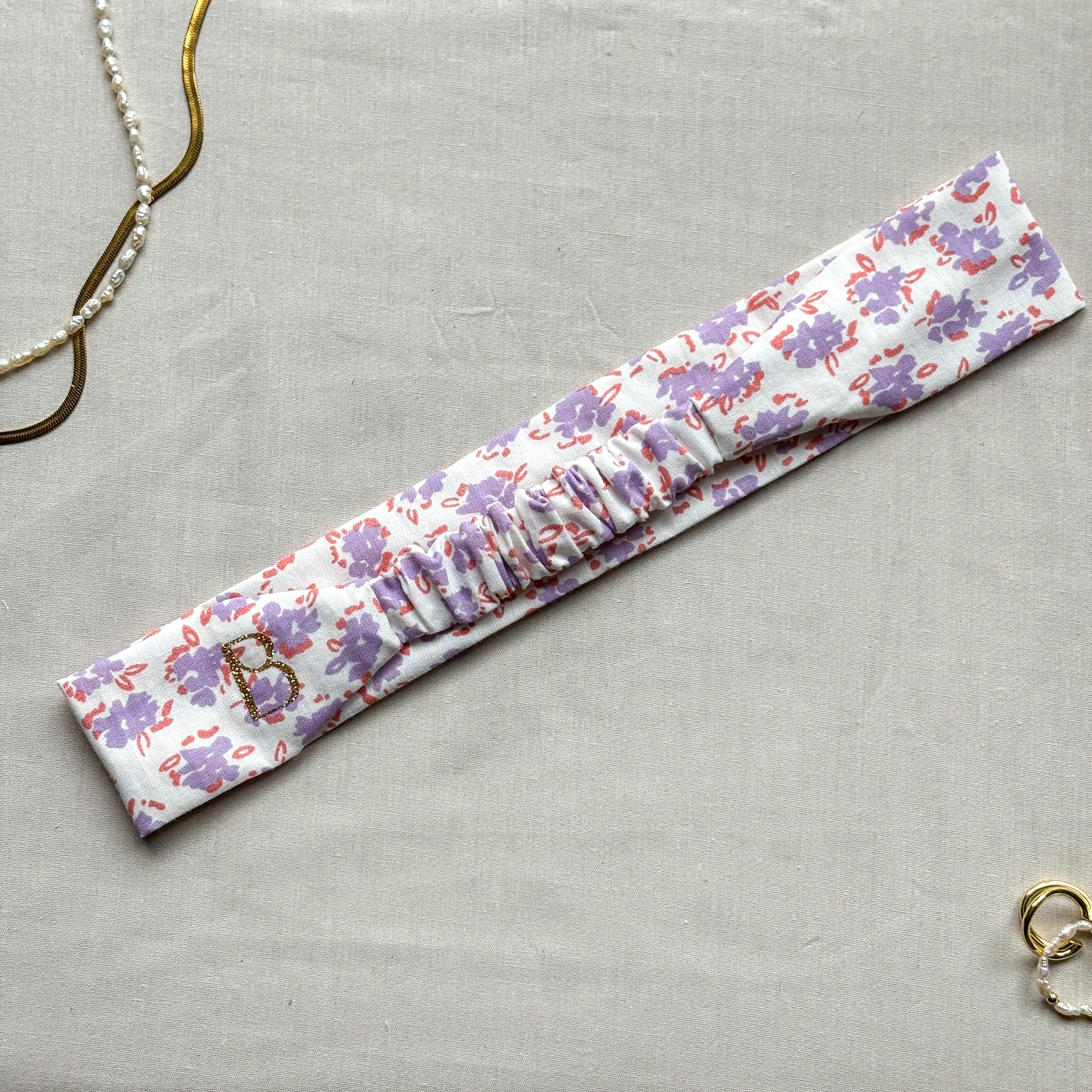 Bandeau Anaïs - Coton blanc fleurs violettes cousu main