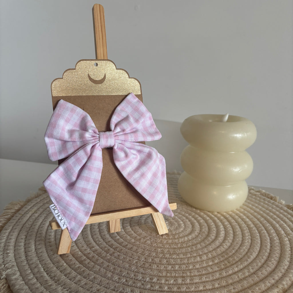 Barrette Nœud Élise – Tissu vichy rose