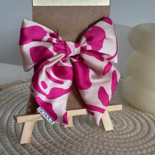 Barrette Nœud Célia – Soie rose vif & crème