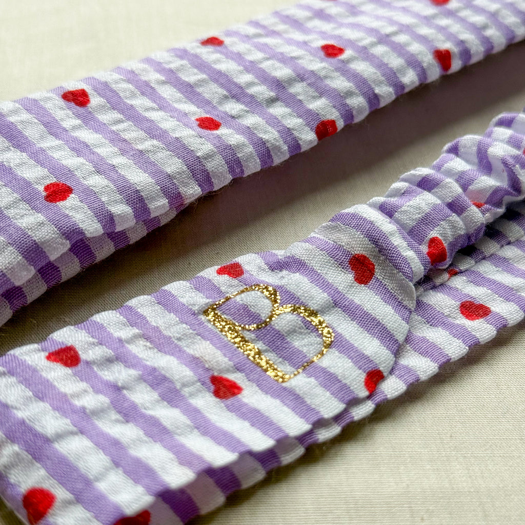 Bandeau Lilou - Gaze rayée lilas cœurs cousu main