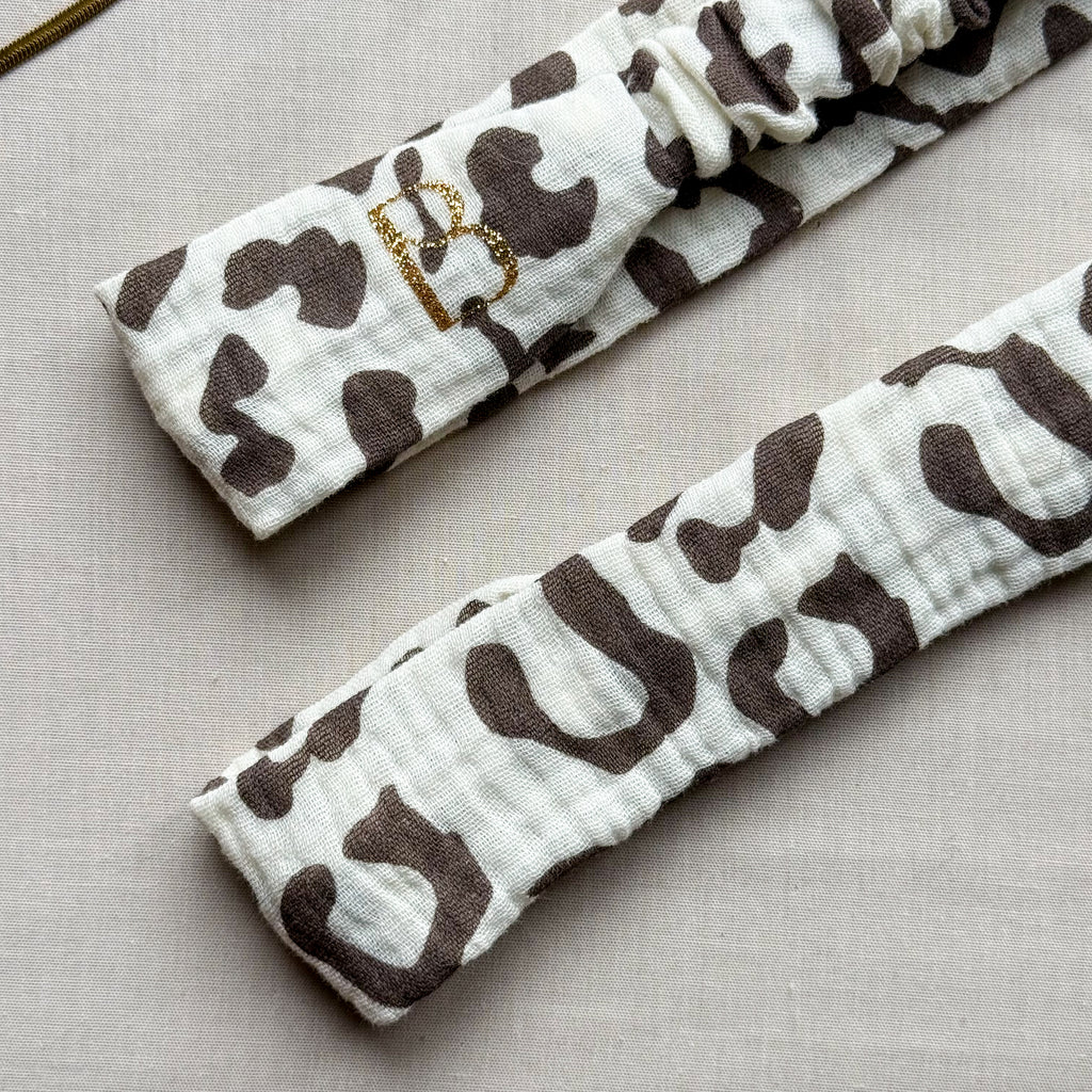 Bandeau Alma - Gaze léopard blanc et marron cousu main