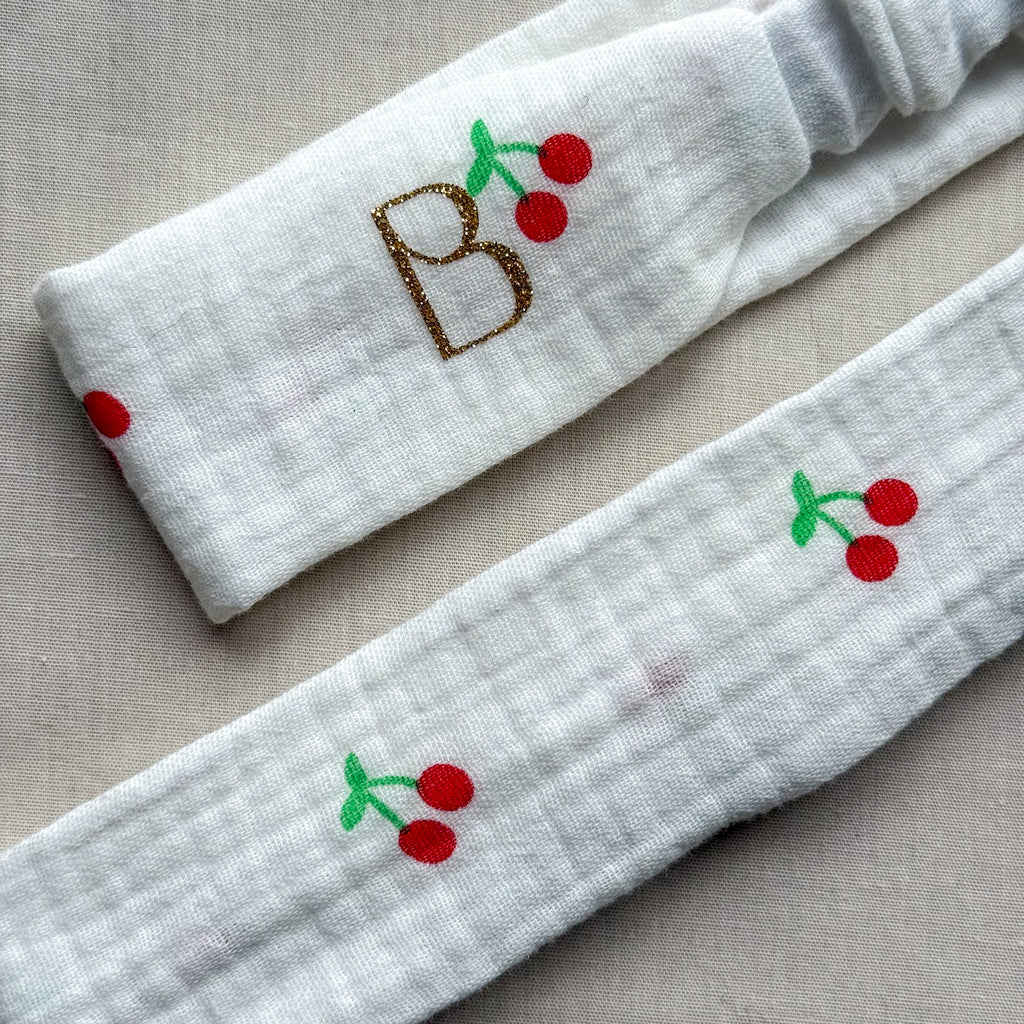 Bandeau Aurélie - Gaze blanche cerises cousu main