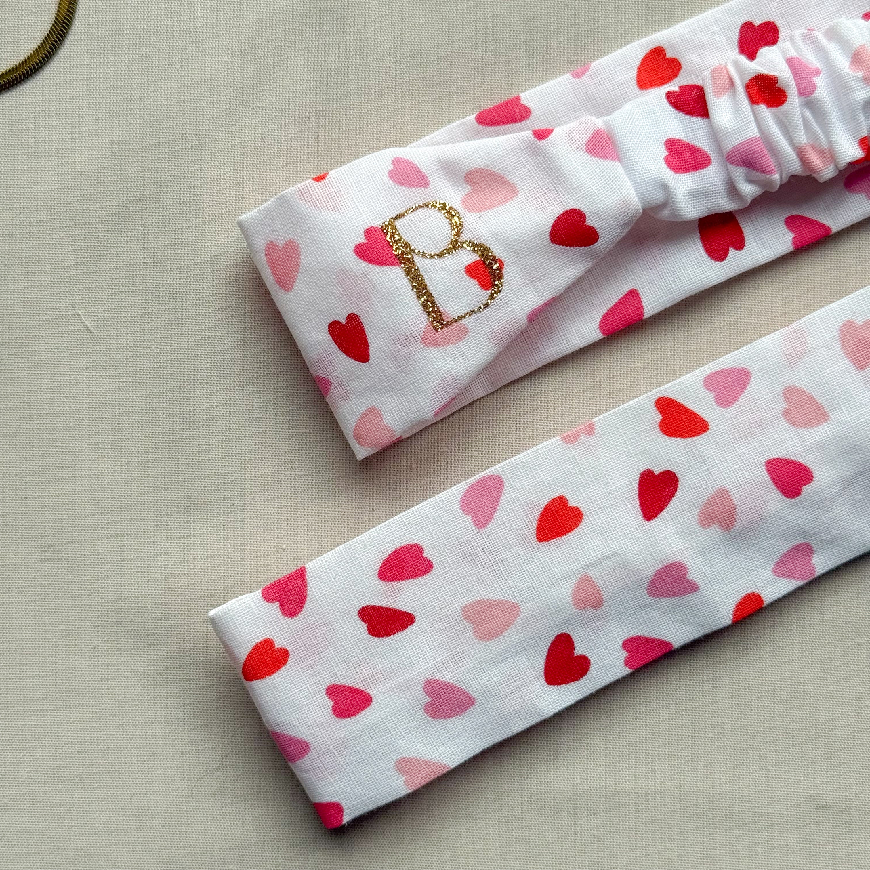 Bandeau Flora - Coton blanc à cœurs roses cousu main