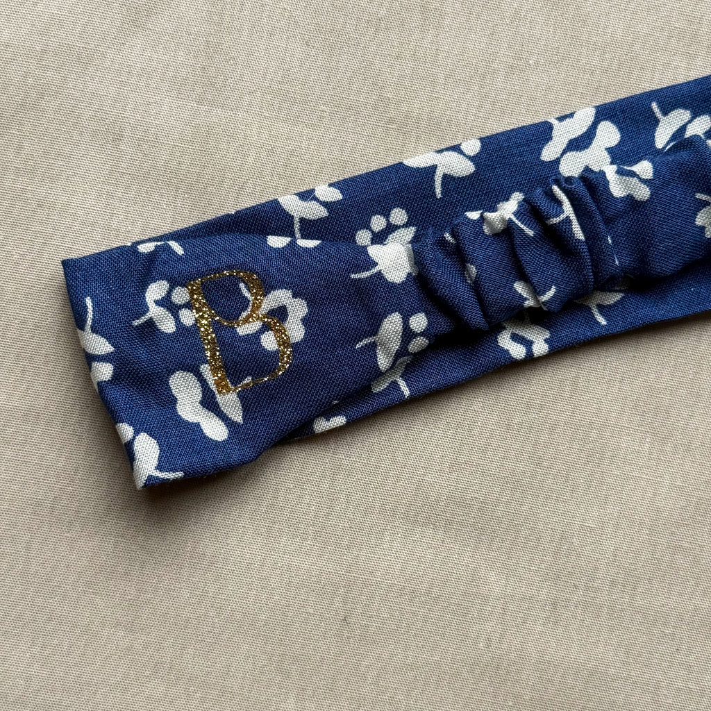 Bandeau Daphné - Coton bleu fleurs blanches cousu main