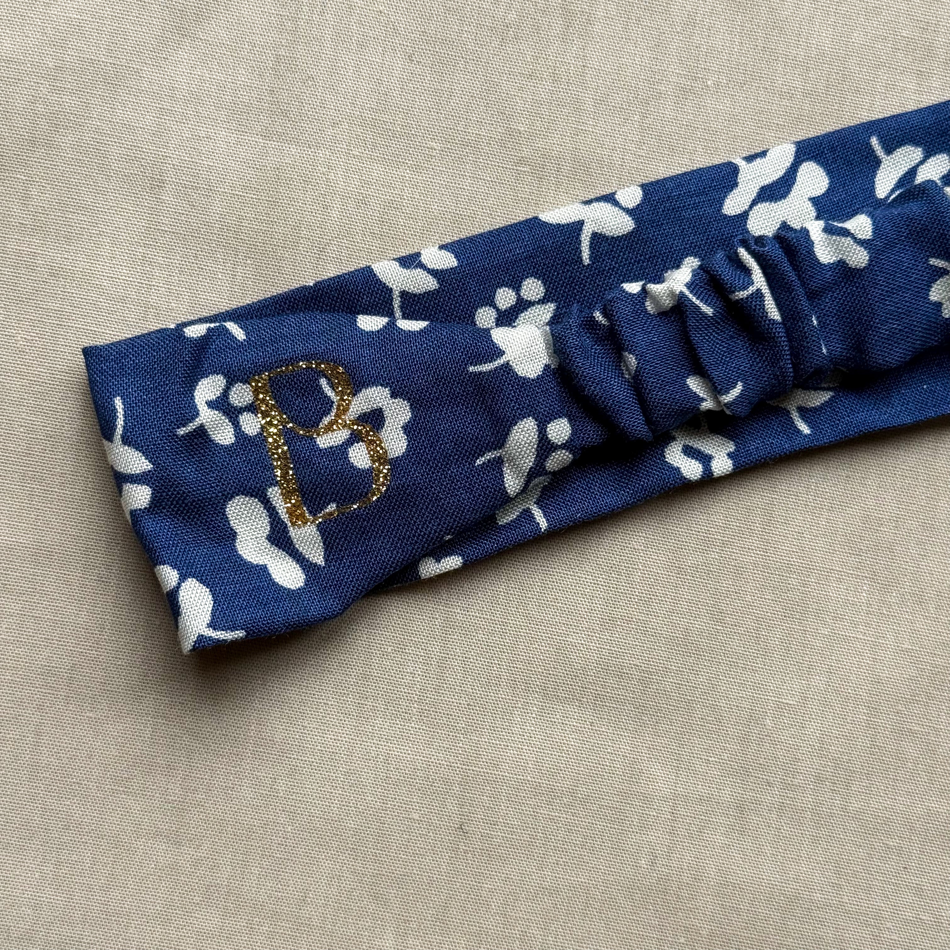 Bandeau Daphné - Coton bleu fleurs blanches cousu main