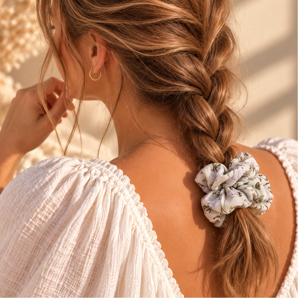 Chouchou cheveux fait main Alba – Mousseline blanche à fleurs - Alba