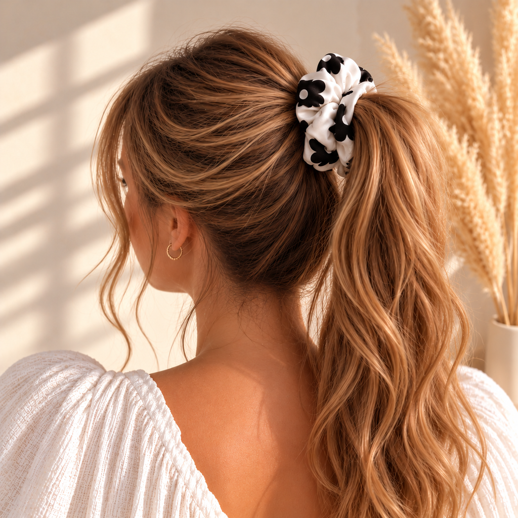 Chouchou cheveux fait main en satin blanc à fleurs bleu marine - Isadora