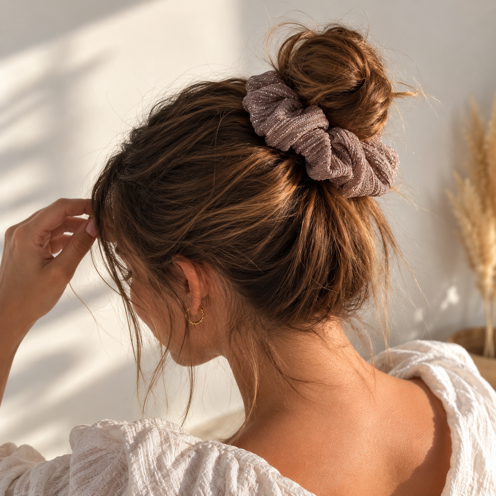Chouchou cheveux fait main vieux rose et lurex - Esmée
