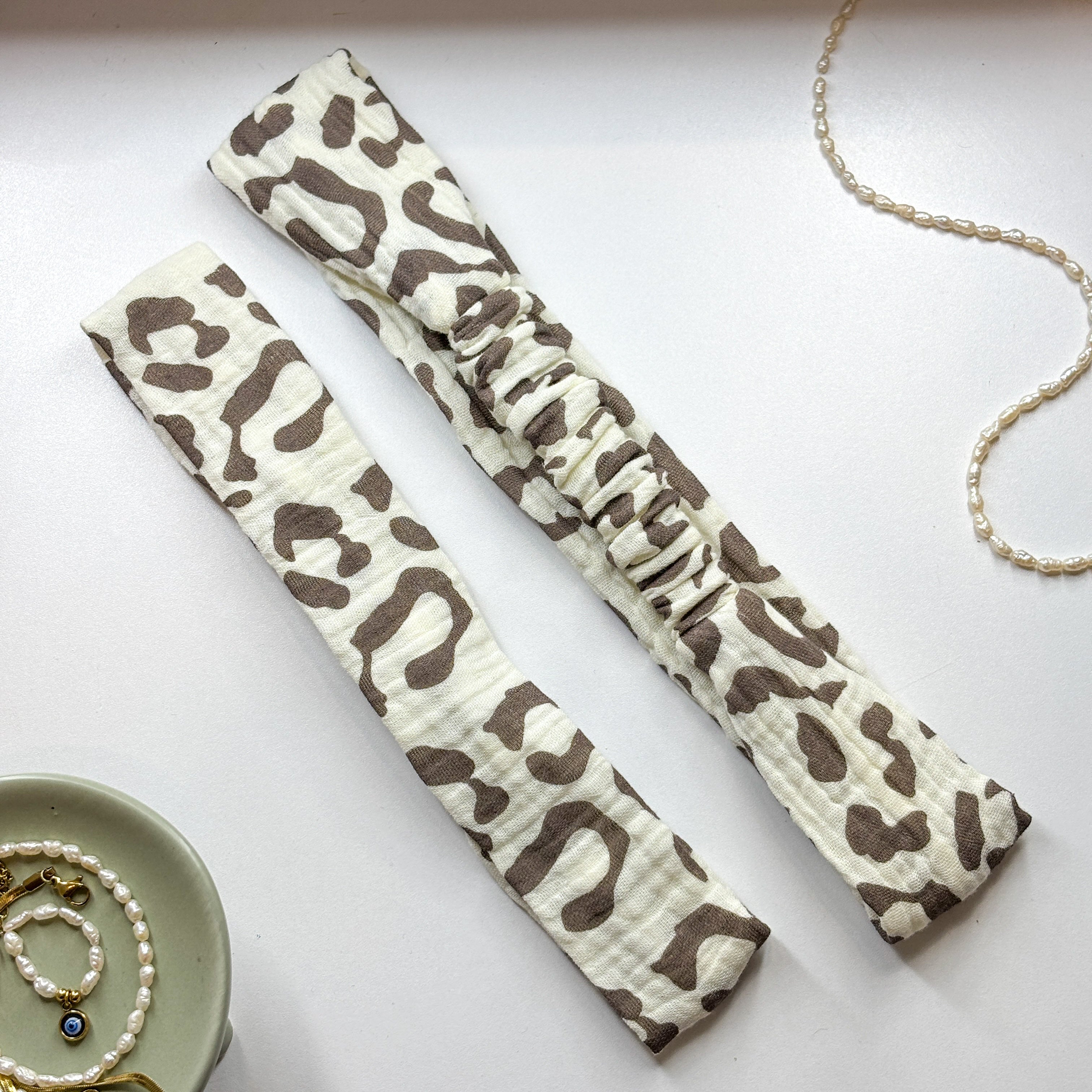 Bandeau Alma - Gaze léopard blanc et marron cousu main