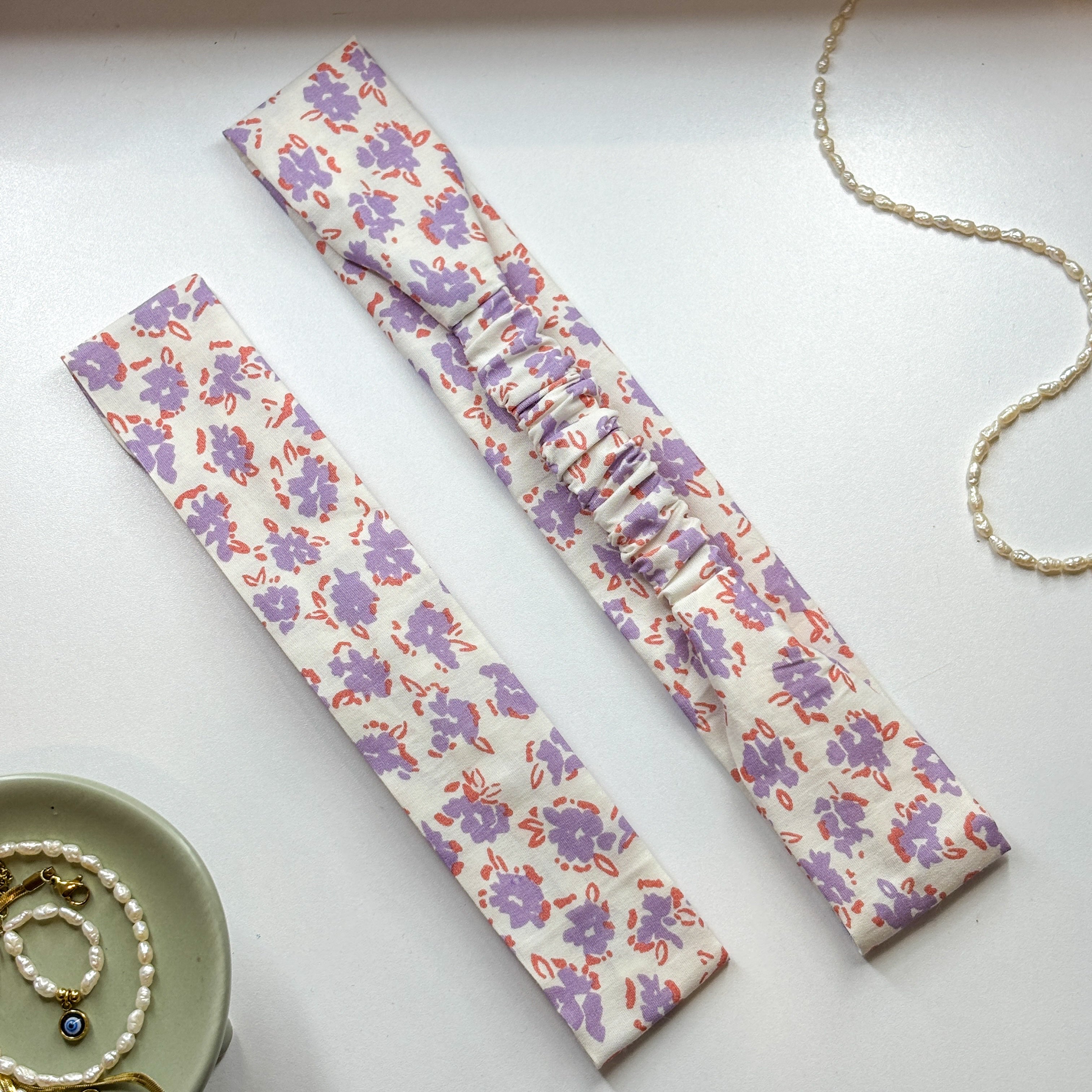 Bandeau Anaïs - Coton blanc fleurs violettes cousu main