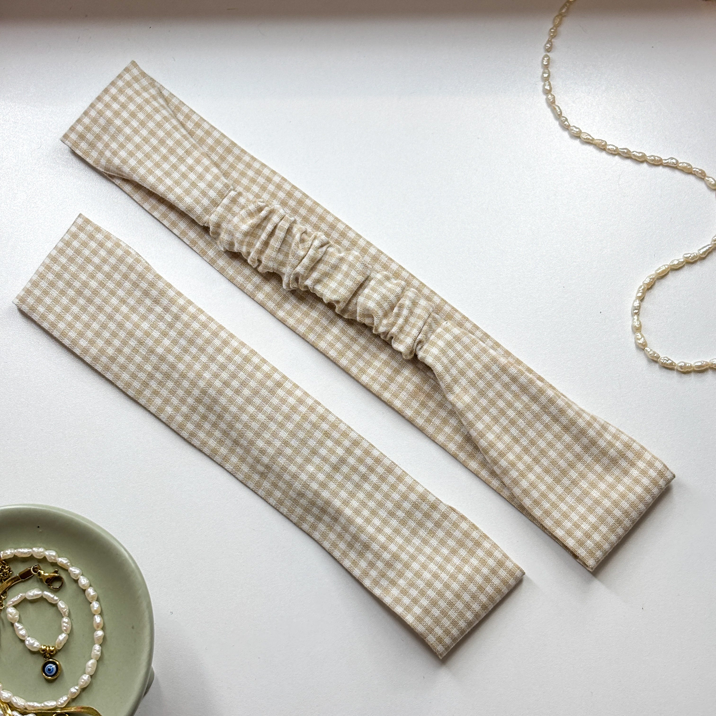 Bandeau Camille - Coton vichy beige cousu main