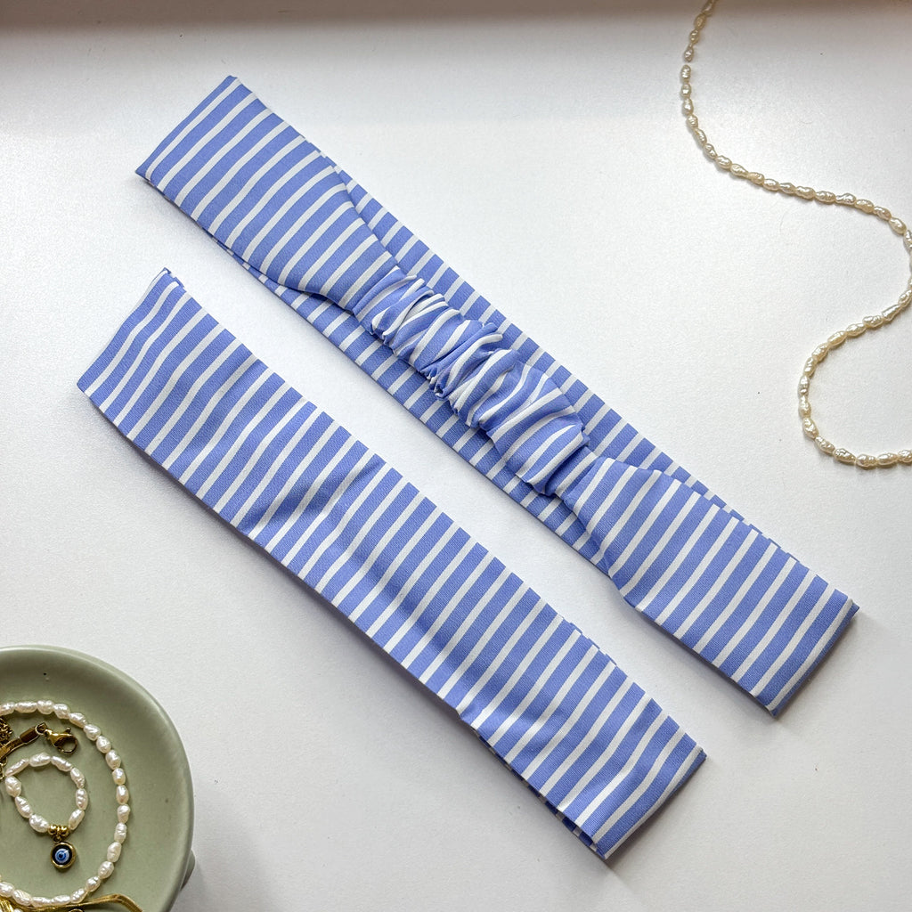 Bandeau Marielle - Coton rayé bleu cousu main