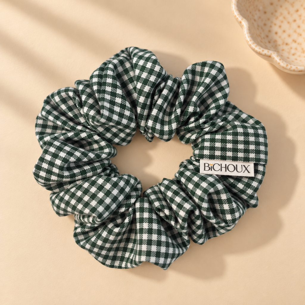 Chouchou Tess – Coton vichy blanc et vert sapin