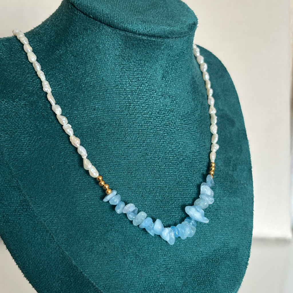 Collier Portofino - Perles de culture, aigue-marine & perles dorées