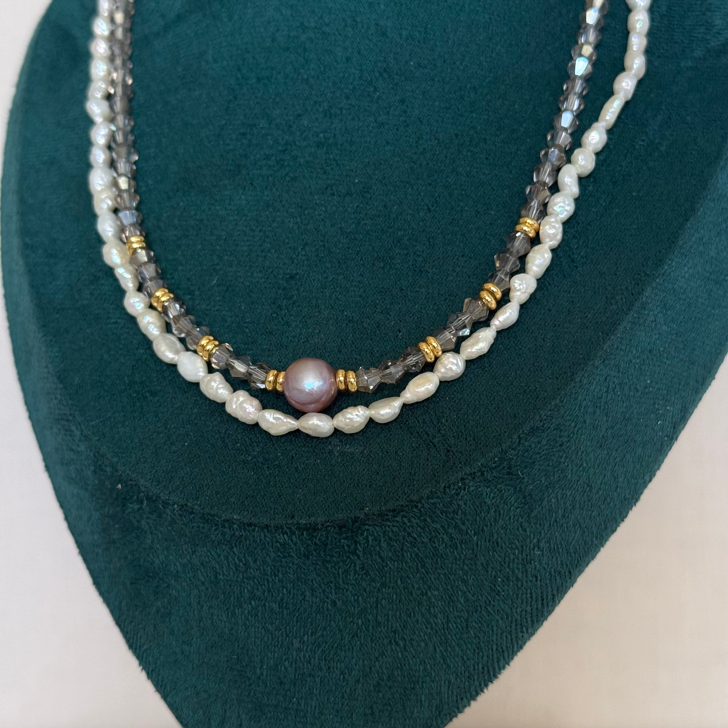 Collier Lecce – Double rang perles blanches et grises