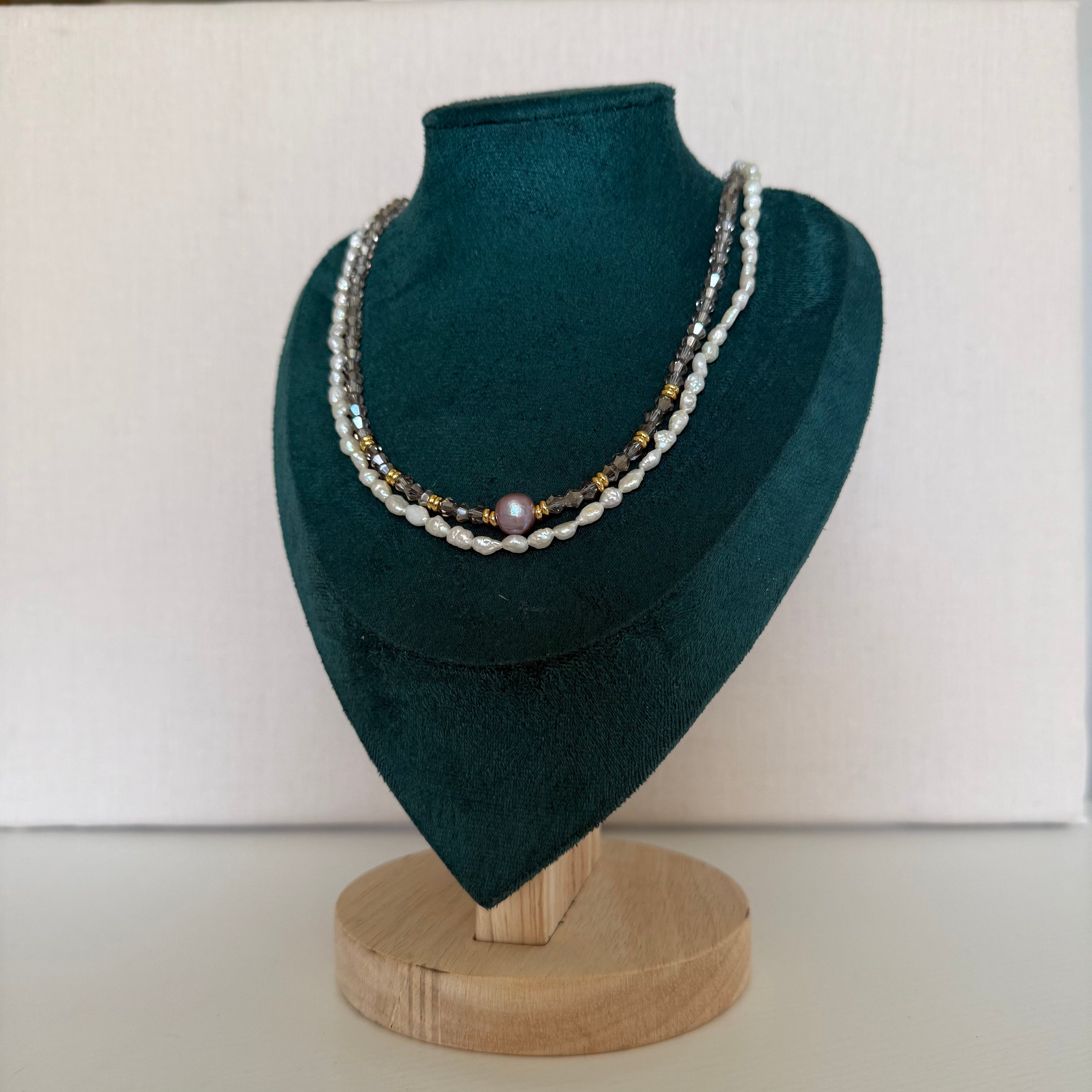 Collier Lecce – Double rang perles blanches et grises
